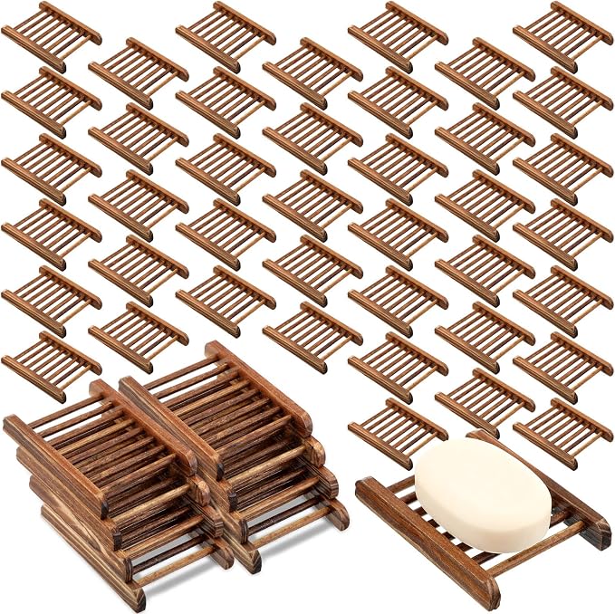 Potchen Bamboo Soap Dish Wooden Hand Craft Soap Case for Shower Rectangular Bathtub Shower Dish Accessories for Home Bathroom Kitchen Sponges(Charcoal,50 Pack)