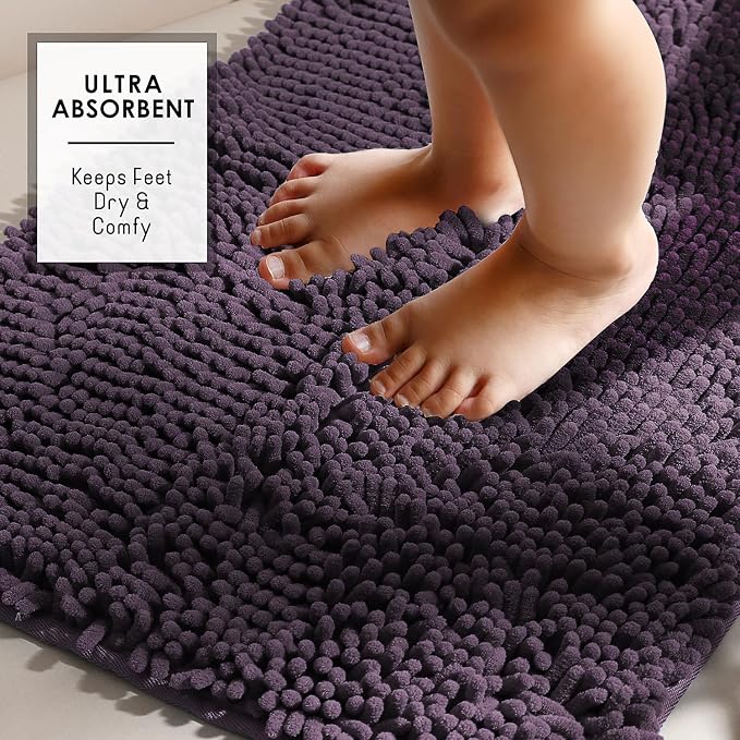 Hearth & Harbor Bathroom Rugs, Chenille Bath Mat - Machine Washable Bath Mats for Bathroom Non-Slip Backing Rubber, Quick Dry Bathroom Mat - Purple 17x24-20x24