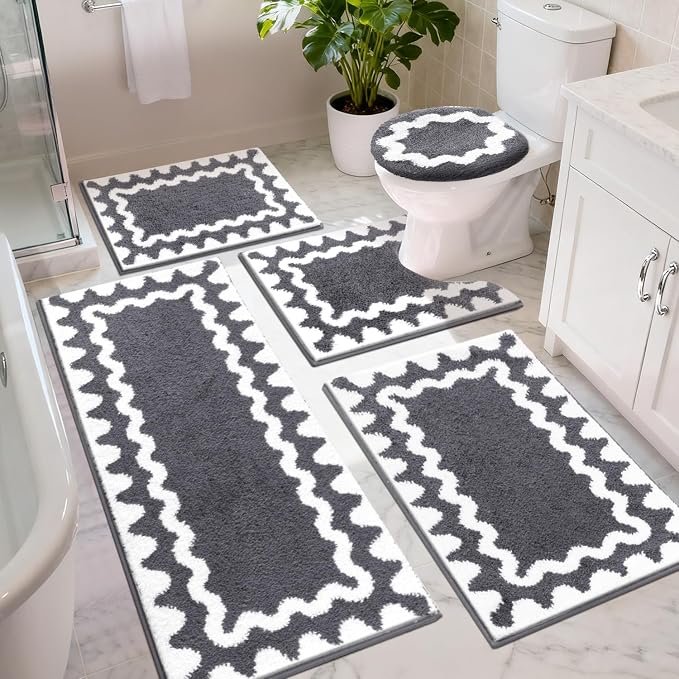 Findosom Bathroom Rugs Sets 5 Piece, Absorbent Soft Non-Slip Bath Rug Set | Washable Microfiber Shaggy Bath Mat Set with Bathroom Runner Rug, U-Shaped Toilet Rugs, Shower Rug&Toilet Lid Cover,Dark Gray