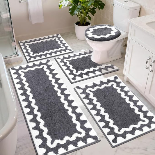 Findosom Bathroom Rugs Sets 5 Piece, Absorbent Soft Non-Slip Bath Rug Set | Washable Microfiber Shaggy Bath Mat Set with Bathroom Runner Rug, U-Shaped Toilet Rugs, Shower Rug&Toilet Lid Cover,Dark Gray