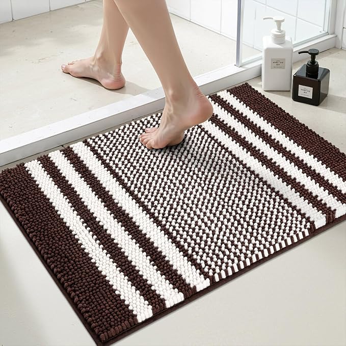 Bathroom Rugs, 17x24 Chenille Bath Mats, Coffee | Extra Soft Absorbent, Non Slip Striped, Quick Dry Machine Washable, Modern，Shower Rug for Bathroom Bedroom Decor