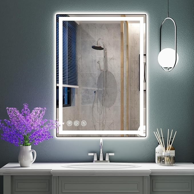 Memobarco 32" x 24" LED Bathroom Mirror with Lights, Memory Vanity Mirror | Anti-Fog, 3 Color Modes, Dimmable, Front Lit, Memory Function, Tempered Glass, Lighted Bathroom Mirror for Wall