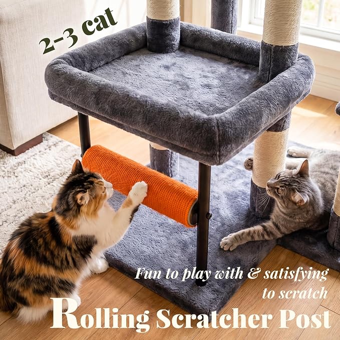 Hey-brother Cat Tree Tower with Stable L-Shaped Widen Base, Condo, MPJ086G | 68.5 Inches Multi-Level Furniture with 2 Platforms, 11 Scratching Posts, Hammock and Toys Ball for Indoor Cats, Smoky Gray