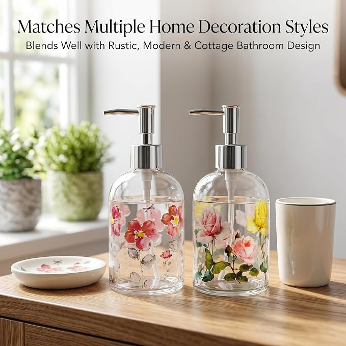 Topadorn Hand and Dish Soap Dispenser Set, 2 Pack 17oz Glass Soap Dispensers with Pump, Refillable Kitchen Soap Bottles, Coordinated Floral Bathroom Counter Decor