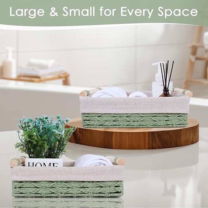 Wicker Storage Basket with Wooden Handle – Paper Rope Decorative Toilet Paper Baskets & Bathroom Organizer for Toilet Tank Top, Shelves, Bedroom, Countertop,Home,Office Storage Bins, 2 Pack,Sage Green