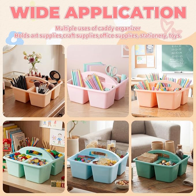 Kathfly 6 Pack Classroom Caddy Organizer with Handle, Plastic Art Craft Cleaning Caddy Bulk, Small Multipurpose Supply Organization Storage Basket for Table Desk Office Pencil Teacher (Morandi Color)