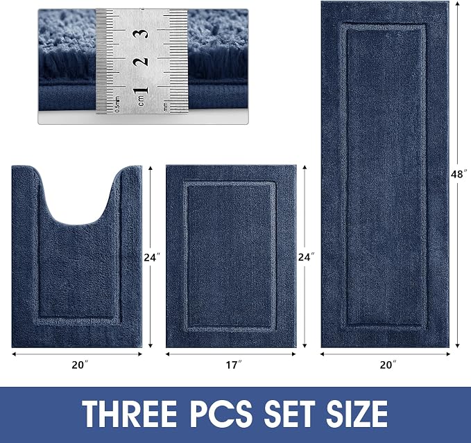 IM HOME Bathroom Rugs Sets 3 Piece, Ultra Soft Thick Plush Fluffy Microfiber Absorbent Bath Mat, Non-Slip Backing, Machine Washable Bath Mats for Bathroom Floor, Tub, Toilet and Shower, Navy Blue