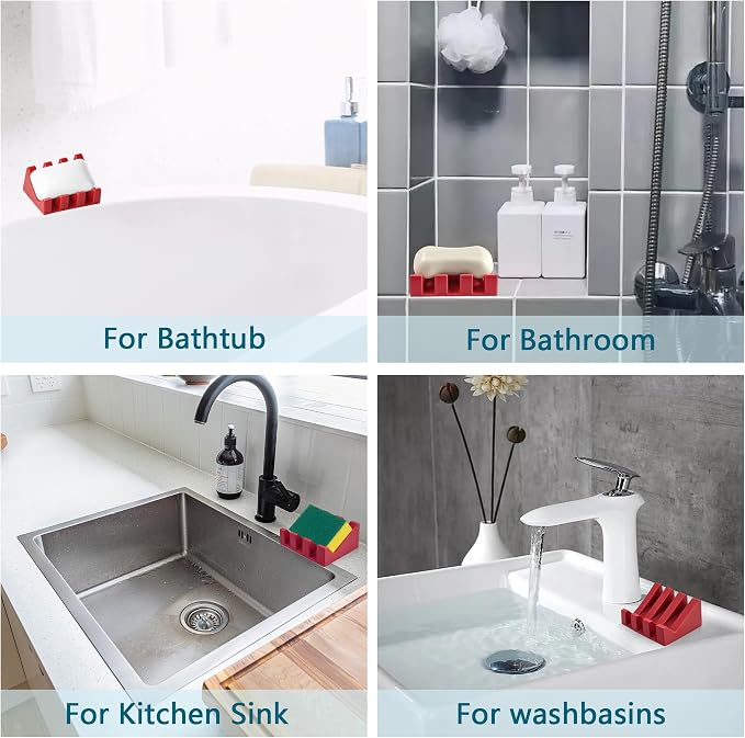 Self Draining Soap Dish Holder,Silicone Soap Dish,for Bathroom,Kitchen, Sponges，Can Extend Soap Life，Keep Soap Bars Dry and Easy Cleaning (Red,1-Pack)