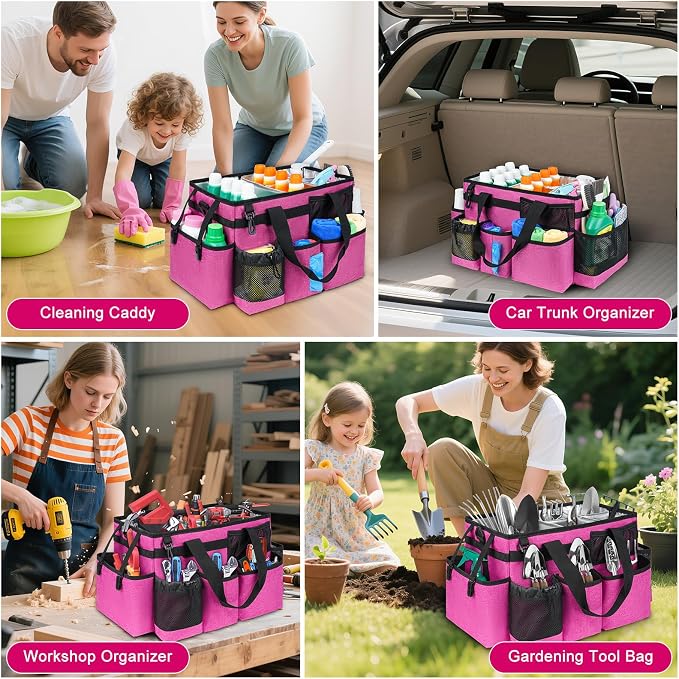 Cleaning Caddy Bag, Cleaning Supplies Organizer for Housekeepers, Housekeeping Caddy with Handle and Detachable Padded Cushion, Pink