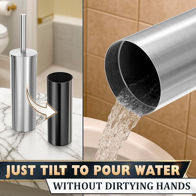 Stainless Steel Toilet Brush and Holder Set - Free-Standing Toilet Bowl Brush and Holder with Removable Inner Bowl, Splash Cover, Sturdy Bristles, Corrosion & Scratch Resistant - Modern Toilet Design