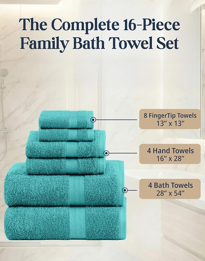 LANE LINEN Towel Set 16 Piece Soft Absorbent Quick Dry 100% Cotton - Teal | Dorm Towel Set - Terry Weave Comfort, Soft & Long-Lasting, Hotel-Style Look, Gets Softer With Every Wash, Machine Washable