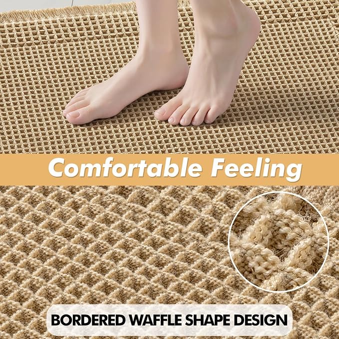 MIULEE Set of 2 Waffle Bathroom Rugs Bordered Bath Mat Brown 18x30 Inch | Non Slip, Super Absorbent, Washable, Ultra Soft, Rubber Backed Bath Rugs for Bathroom Floor Tub and Shower, Boho Decor
