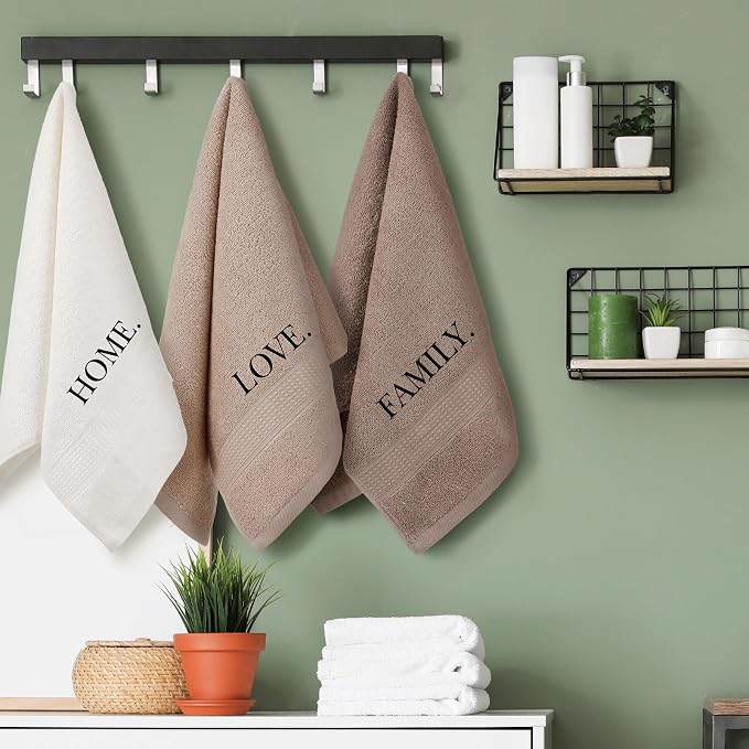 3 Pcs Hand Towels Bathroom Set,Brown,Home,Love,Family | Embroidered Cotton Farmhouse Towels, Kitchen Decor, Rustic Boho Decorative with Text Labels, Guest Bath Home