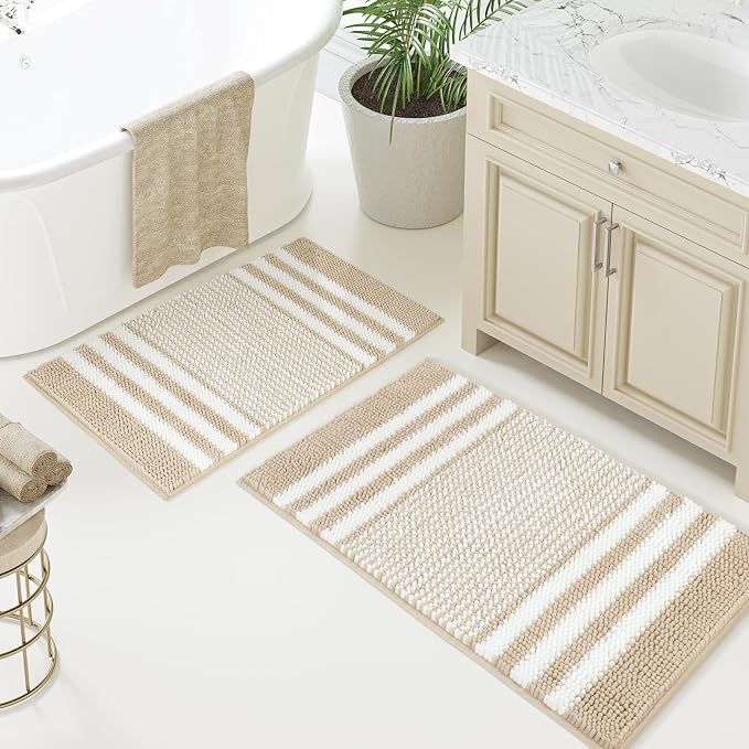 BSICPRO Bathroom Rugs Sets 2 Piece, Non Slip Striped Bath Mats, Khaki | 20"x32" Plus 16"x24"，Soft Absorbent Chenille, Quick Dry Machine Washable, Shower Rug for Bathroom Floor, Tub, Bedroom Decor