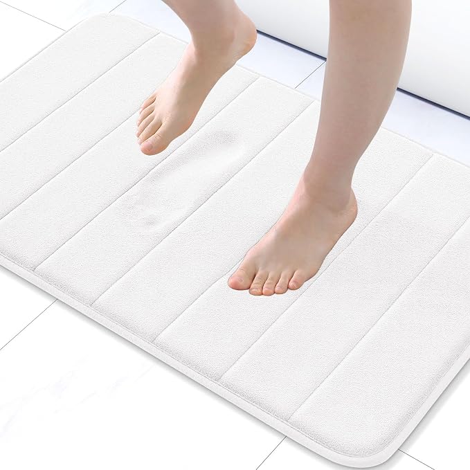 Buganda Memory Foam Bath Mat 31.5 x 20, Ultra Soft Absorbent Bathroom Rugs | White, Machine Washable Quick Dry Bath Mats for Bathroom Floor, Shower and Tub, Home Decor Accessories