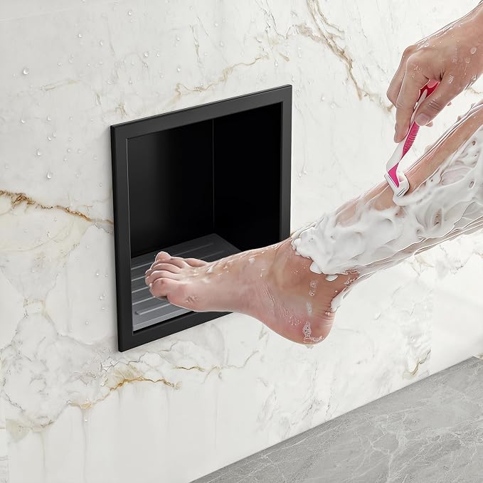 Neodrain Shower Foot Rest for Shaving Legs, 304 Stainless Steel Niche for Shower Wall, Recessed Shower Step for Shaving Legs, Wall soap Holder, Bathroom Foot Rest (Matte Black, 6.7" x 6")