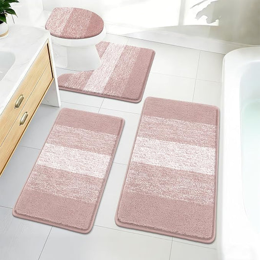 Bsmathom Bathroom Rug Set, 4 Piece, Pink | Microfiber, Non Slip, With Toilet Cover, Washable, Absorbent