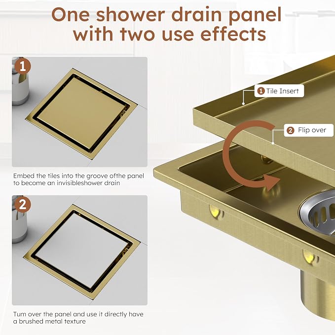 4 Inch Gold Square Shower Drain Kit with Flange,Modern Floor Drain with 2-in-1 Cover Tiled Insert Grate,Stainless Steel SUS 304