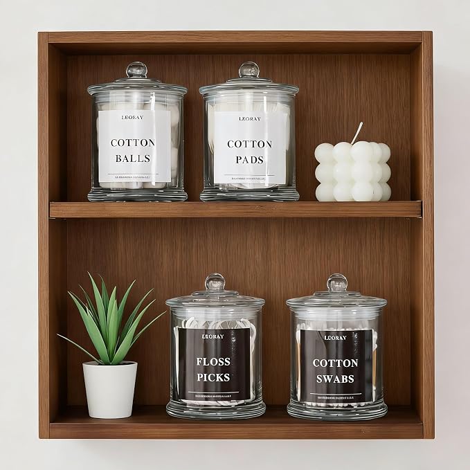 LEORAY 4 Pack Glass Qtip Holder Dispenser with Lids, Airtight Waterproof Apothecary Jars, 16 Oz Vanity Organizer Bathroom Canisters for Cotton Swabs, Balls, Pads, Floss Picks, Transparent