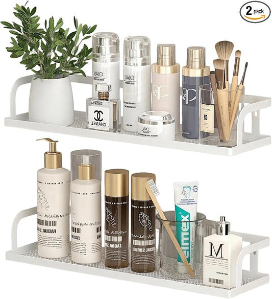PUSDON 2-Pack 16.5" Extra Long Slim Hollowout Shower Caddy, Wall Mount Spice Rack & Bathroom Organizer, Mesh Bottom Cabinet Door Shelf Holds 50LBS - White, Hollowout