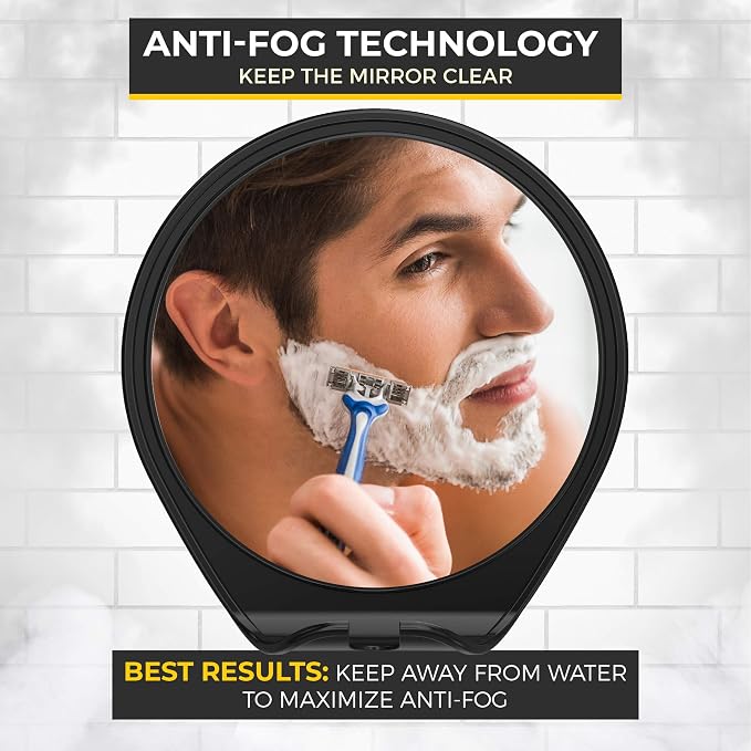 HONEYBULL Fogless Shower Mirror for Shaving with Suction Mount, Black | Shatterproof Acrylic Bathroom Accessory With 360 Swivel & Built-in Razor Hook, Clear Reflection in Steam & No-Drill Setup