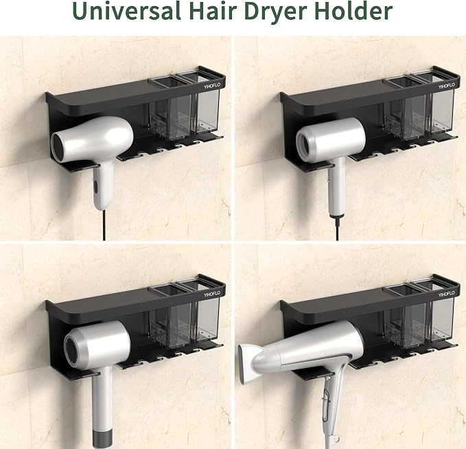 Hair Dryer Holder Wall Mounted Adhesive/Drilling, Hair Dryer Storage Organizer with Shelf & Hooks for Bathroom, Blow Dryer Holder, Hair Tool Organizer (Black)
