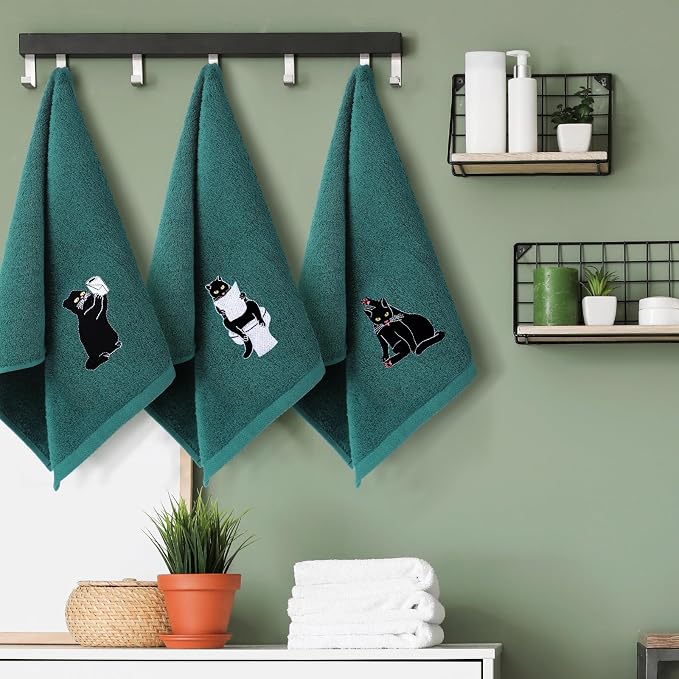 3 Pcs Cat Hand Towels for Bathroom Decor | Embroidered Black Cat Design, 100% Cotton, Halloween Bathroom Kitchen Decor, Absorbent Towels, Holiday Housewarming Gifts