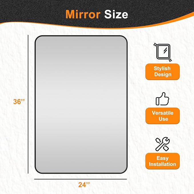 Delma Bathroom Vanity Mirror, Black Framed Mirror for Over Sink, 36x24 | HD glass, distortion-free for makeup and grooming, Sturdy frame, all mounting hardware, hangs horizontal or vertical