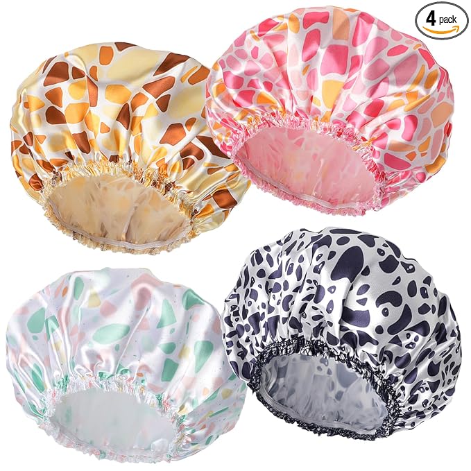 Shower Caps for Women, 4 PCS Reusable Waterproof Bath Cap | Double Layer, Washable, Wide Elastic Band, Holds Long Hair, Caps for Bath Accessories, Spa, Travel Home - Stone