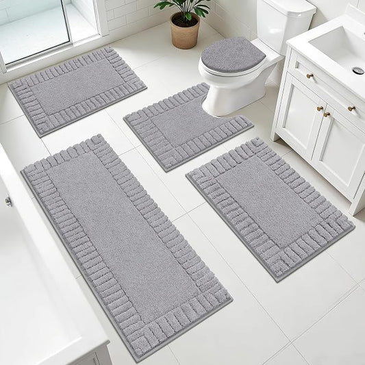 Pauwer Bathroom Rugs Set 5 Piece, Microfiber Bath Mat Set, Light Grey | Non Slip Washable Bath Mat with U Shaped Toilet Rug, Plush Absorbent Shower Rug, Toilet Lid Cover, Quick Dry Floor Carpet
