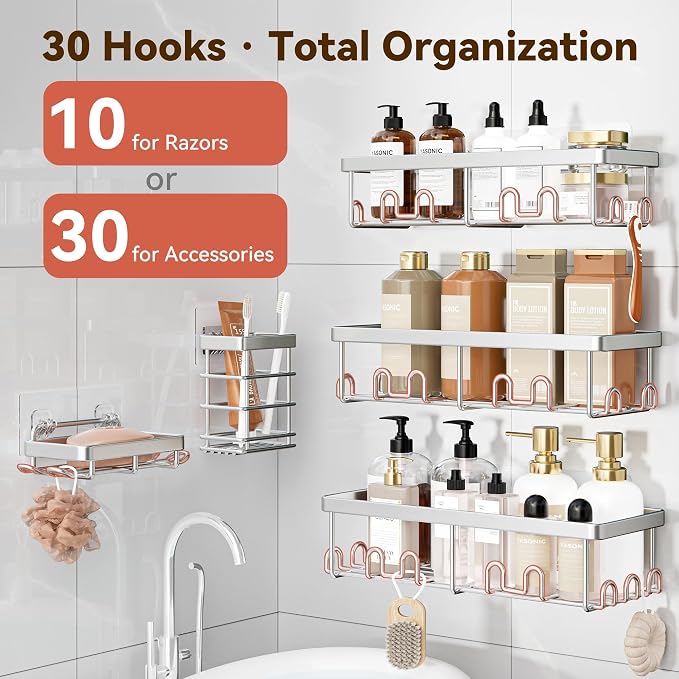 YASONIC Shower Caddy Adhesive, 100% Rustproof Shower Organizer with Soap and Toothbrush Holder, Large Capacity Shower Shelves for Inside Shower, No Drill Shower Storage for Home (5 Pack Silver)