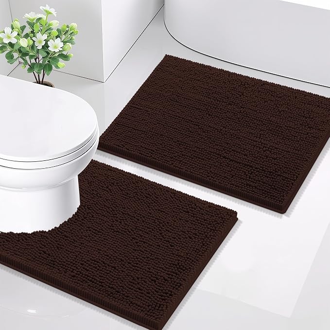 Smiry Chenille Bathroom Rugs Sets 2 Piece (24x16+ U Shape 24x20, Brown) | Soft Absorbent Machine Washable Non Slip Shaggy Bath Rug Set for Tub, Shower, and Floor, Home Decor