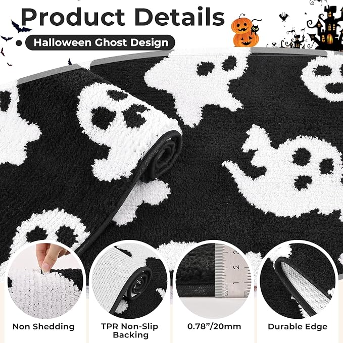 Findosom Halloween Bathroom Rugs Sets 3 Piece, Absorbent Soft Bath Rug Set | Washable Non-Slip Microfiber Shaggy Ghost Bath Mat Set with Bathroom Runner Rug, U-Shaped Toilet Rugs, Shower Rug, Black