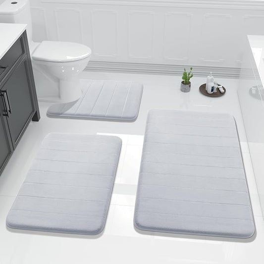 Yimobra 3 Pieces Memory Foam Bath Mat Set with U-Shaped Toilet Rug - Non Slip Super Soft Absorbent Quick Dry Bathroom Rugs for Bathtub, Vanity & Toilet Base, Silver