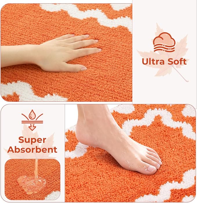 Findosom Fall Bathroom Rugs Sets 3 Piece, Absorbent Non-Slip Bath Rug Set | Washable Soft Microfiber Shaggy Scalloped Fall Bath Mat Set with Bathroom Runner Rug, U-Shaped Toilet Rugs, Shower Rug,Orange