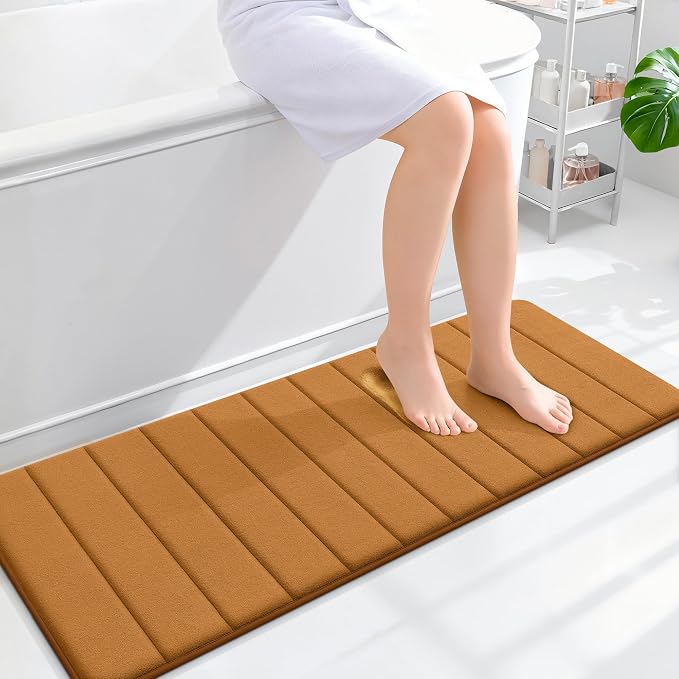 OLANLY Memory Foam Long Bathroom Rugs Runner 47x17, Super Soft Absorbent | Ochre, Quick Dry Bath Mat, Machine Washable Shower Floor Rugs, Bathmat Carpet for Bathroom Floor, Tub and Shower