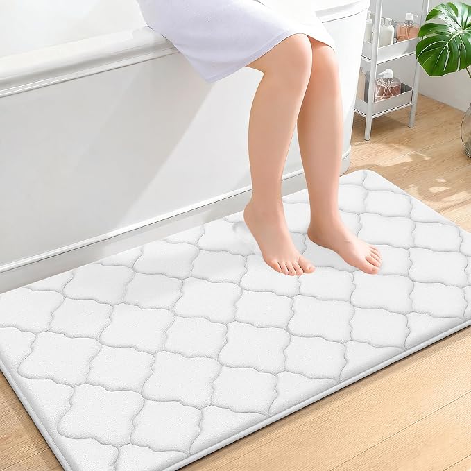 OLANLY Memory Foam Bath Mat Rug 44x24, Ultra Soft Bathroom Rugs, White | Thick Absorbent Carpet, Non-Slip Backing, Machine Washable, for Bathroom Floor, Tub, Shower and Home Decor Accessories