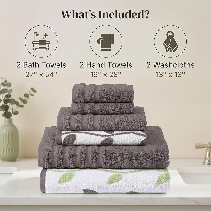 Modern Threads 6 Piece Bath Towel Set – Bathroom Set with 2 Bath Towels, 2 Hand Towels, and 2 Wash Cloths – 100% Cotton, Super Absorbent & Extra Soft – Reversible Natural Vine (Gray)
