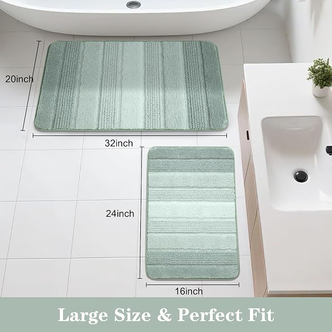 Kmson 2 Pcs Ombre Chenille Bathroom Rugs Set, Non-Slip Shower Mats for Bathroom Floor & Bathtub, Ultra Soft Washable Shaggy Bath Rugs, Thick Absorbent Microfiber Bath Mat Set Green