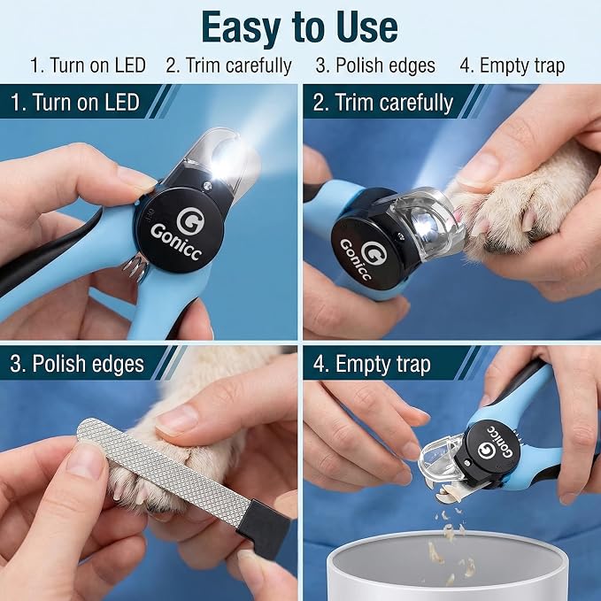 gonicc LED Pet Nail Clippers for Dogs & Cats | Light-Up Dog Nail Trimmer with Safety Lock & Built‑in File, Professional Stainless Steel Nail Clippers for Pets