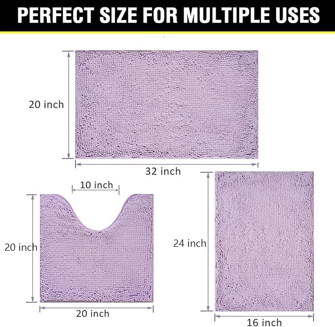 Bathroom Rugs Chenille 3-Piece Extra Soft and Absorbent Shag Bathroom Rugs, Machine Wash Mat, Strong PVC Non-Slip Underside, Plush Carpet Mats, Lavender