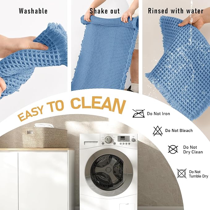 JIUZHEN Set of 2 Waffle Bathroom Rugs Boho Bath Mats 16"x24"+24"x36", Blue | Non Slip, Super Absorbent, Washable, Ultra Soft, Fast Drying Waffle Bathroom Rugs for Bathroom Floor, Tub, Shower