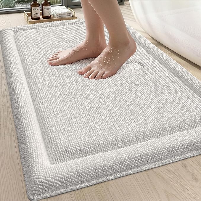 DEXI Memory Foam Bath Mat 24x17, Thick Chenille Bathroom Rug, Ivory | Ultra Soft Absorbent, Non Slip Quick Dry, Cushion Plush Bath Carpet for Tub Shower, Sink