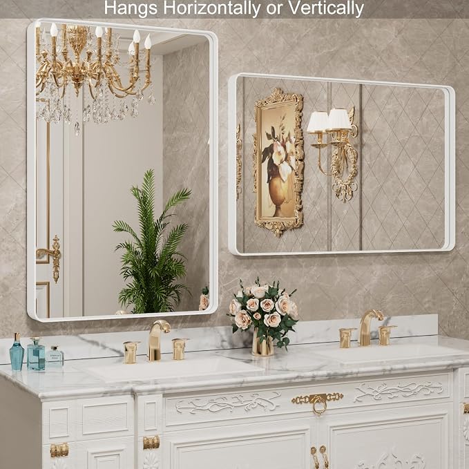 LOAAO 24x32 Inch White Metal Framed Bathroom Mirror | Rounded Rectangle Mirror, Anti-Rust, Hangs Horizontally or Vertically