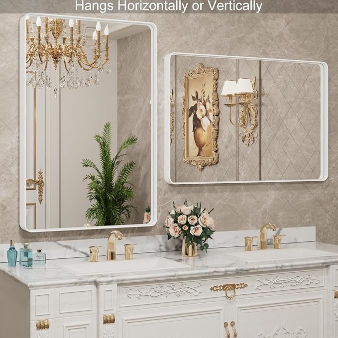 LOAAO 28x36 Inch White Metal Framed Bathroom Mirror | Rounded Rectangle, Anti-Rust, Hangs Horizontally or Vertically