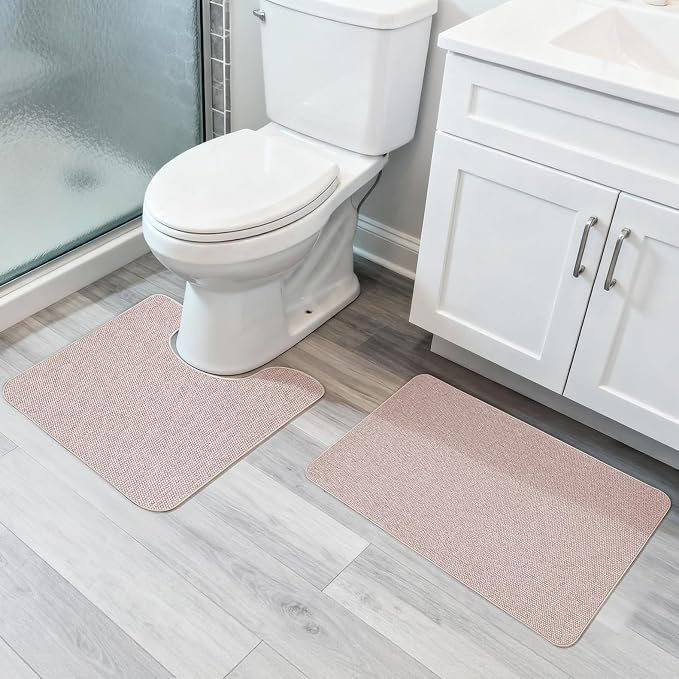 Bosap Bath Mat Set 2 Pieces,Ultra Thin Bathroom Rugs,Rubber Toilet Rugs | Non Slip,Quick Dry,Machine Washable,Low Pile,Absorbent,Shower,Sink,Bathroom Decor.(Beige,17"x27" Plus 20"x24"U Shaped)