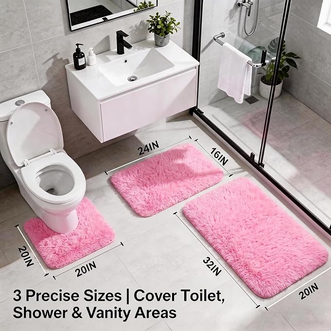 Shaggy Bathroom Rugs Set Plush Velvet Bath Rugs Non-Slip Bath Mat Set 3 Piece,Washable Mats,Absorbent Shaggy Rugs Super Soft U-Shaped Toilet Rug,Bahroom Carpets for Bathroom,Tub,Shower(Light Pink