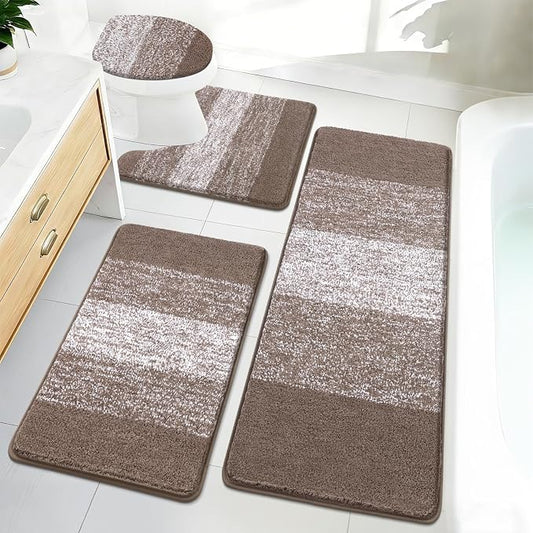 Bsmathom Bathroom Rug Set 4 Piece, Plush Microfiber Bath Mat, Coffee | Extra Water Absorbent, Non Slip Washable Runner Bath Rugs with Toilet Lid Cover and U-shaped Contour Toilet Mat