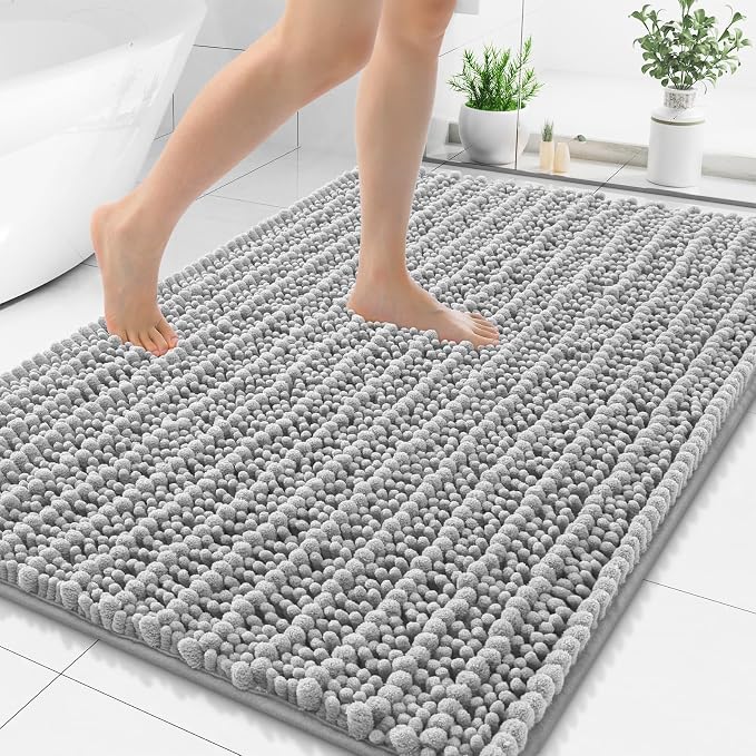 Smiry Bathroom Rugs 48X32, Extra Soft Rubber Backing Chenille Bath Mats | Light Grey Machine Washable Non Slip Quick Dry Bath Mats for Bathroom Floor, Tub, Shower, Home Decor Accessories
