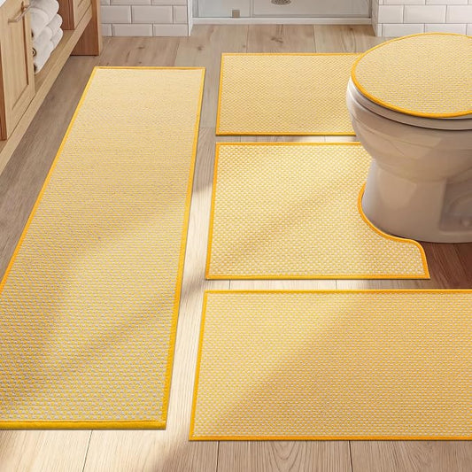 YIHOUSE Thin Bath Mat Yellow Bathroom Rugs Sets 5 Pieces, Non Slip Absorbent Bath Mats Quick Dry, Woven Braided Rugs Washable, Rubber Tapetes para Baño for Bathroom Toilet,Bathtub